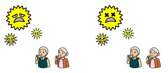 病気の予防のためにうがいをする高齢者とウイルス