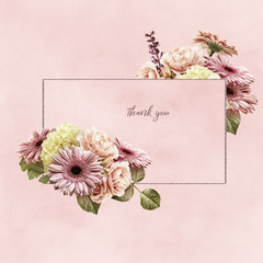 Floral card with copy space. Yellow peony, gerbera, pink roses on pastel textured background. Bouquet of garden flowers.