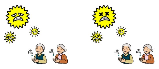 病気の予防のために手を洗う高齢者とウイルス