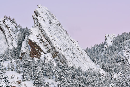 Winter landscape of the Flatirons at dawn, Rocky Mountains, Boulder, Colorado, USA