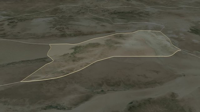 Sabha, district with its capital, zoomed and extruded on the satellite map of Libya in the conformal Stereographic projection. Animation 3D