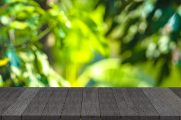 3D rendering, Black wooden shelves or Black wood table with view nature backdrop.you can used for display products. or add your own text on space
