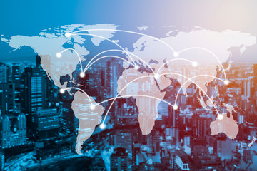 Double exposure global concept of business and technology network on city background. Element of...
