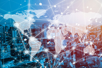 Double exposure global concept of business and technology network on city background. Element of...