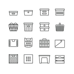 Household accessories and organizers for clothes, shoes and storage. Interior accessory containers, boxes and baskets. Icon vector set.