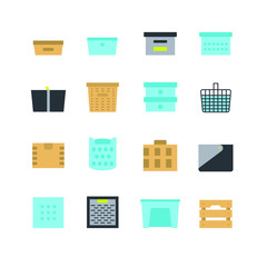 Household accessories and organizers for clothes, shoes and storage. Interior accessory containers, boxes and baskets. Icon color vector set.