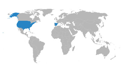 Spain, USA countries highlighted blue on world map. Economic, trade relations.