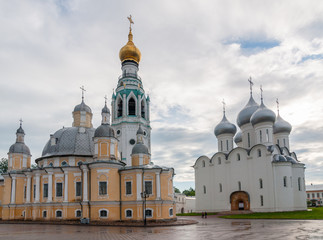 Fototapeta na wymiar Bell tower of St. Sophia Cathedral, St. Sophia Cathedral and Cathedral of Bishops on Kremlin Square in center of Vologda, Russia