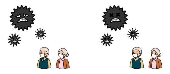 病気の予防のためにマスクをする高齢者とウイルス