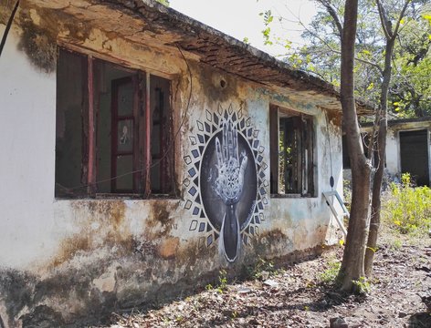 Old abandoned decorated hippe house, exterior, India