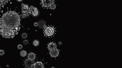 Coronavirus illustration particles cells flow. Floating covid 19 flu virus cell bacteria on color backdrop.