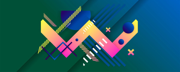 Dark blue background, geometric bright pink and yellow colors elements, lines and dots for text, universal design, banner