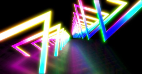 Glowing neon color triangle tunnel. Laser show background. ultraviolet blue purple color spectrum . 3D rendering 3D illustration