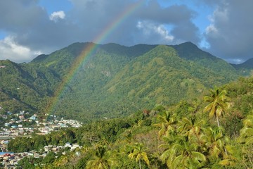 View of a rainbow over the town of Soufriere in St Lucia, West Indies