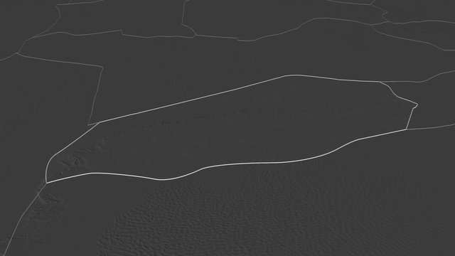 Wadi al Hayat, district with its capital, zoomed and extruded on the bilevel map of Libya in the conformal Stereographic projection. Animation 3D