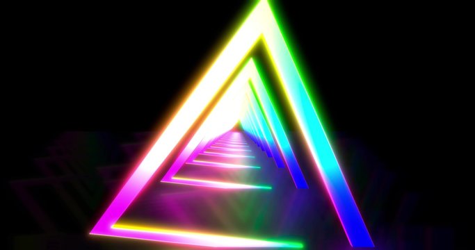 Glowing neon color triangle tunnel. Laser show background. ultraviolet blue purple color spectrum . 3D rendering 3D illustration © flying creature