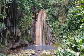 View of the Diamond Waterfall in the Diamond Botanical Gardens in St Lucia