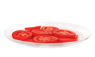 Tomatoes on a white plate cut into circles