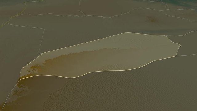 Wadi al Hayat, district with its capital, zoomed and extruded on the relief map of Libya in the conformal Stereographic projection. Animation 3D
