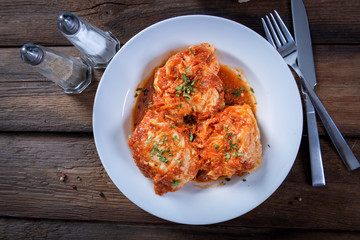 Stufed cabbage rolls in tomato sauce