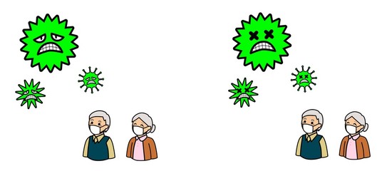 病気の予防のためにマスクをする高齢者とウイルス