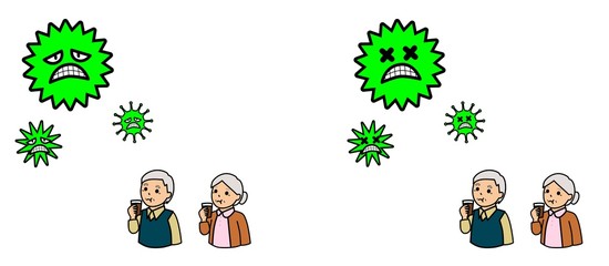 病気の予防のためにうがいをする高齢者とウイルス