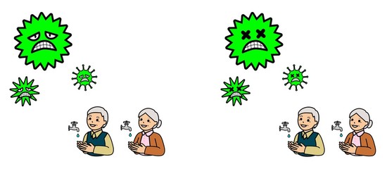 病気の予防のために手を洗う高齢者とウイルス