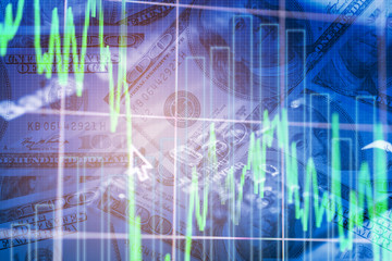 Double exposure business trading graph on money background. Investment concept