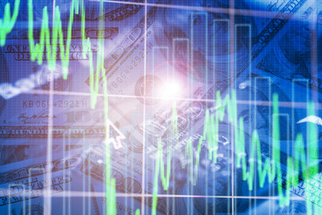 Obraz premium Double exposure business trading graph on money background. Investment concept