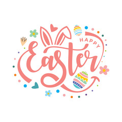 Happy Easter Script Lettering Logo Icon Vector Background Template. Bunny Rabbit Graphic Design.	