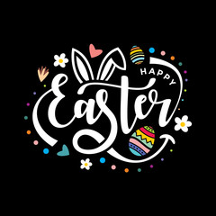 Happy Easter Script Lettering Logo Icon Vector Background Template. Bunny Rabbit Graphic Design.	