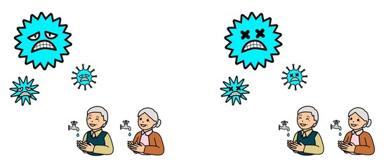 病気の予防のために手を洗う高齢者とウイルス