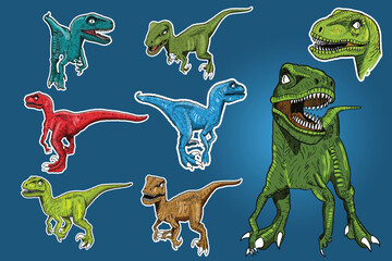 Drawing Dinosaurs Raptor character on blue background, vector illustration © Thanasantipan