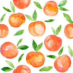 Watercolor illustration hand made peaches with leaves painted as  summer organic fruit pattern