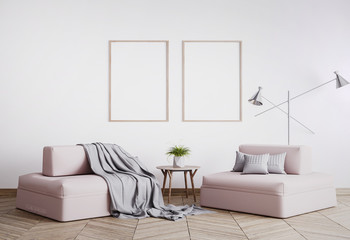 Home interior mock-up with pink sofa, 2 wooden frames, silver floor lamp and table in living room, Scandinavian style, 3d render