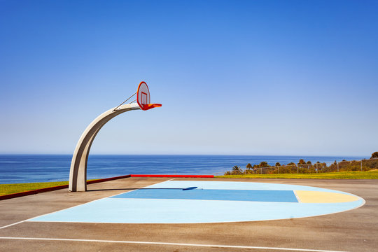 View of ocean side basketball court ground at Angel Gate Park in Los Angeles California, USA