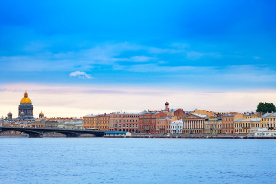 Panorama of Neva river with St. Isaac's Cathedral over and Admiralty Embankment, Saint Petersburg, Russia
