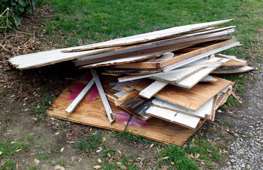Pile of scrap wood from home improvement project.