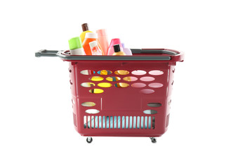 Shopping basket full of cleaning supplies isolated on white