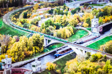 Top view of the train going across the river