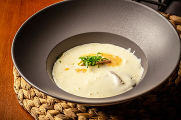 Delicious homemade food from environmental products. cheese soup with turkey fillet