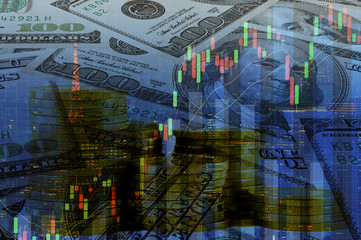 financial crisis concept. Double exposure trading graph on money dollar background.