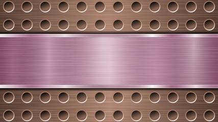 Background of bronze perforated metallic surface with holes and horizontal purple polished plate with a metal texture, glares and shiny edges