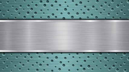 Background of light blue perforated metallic surface with holes and horizontal silver polished plate with a metal texture, glares and shiny edges