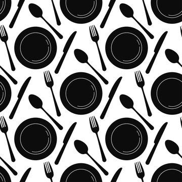 Black empty plate with spoon, knife and fork seamless pattern isolated on a white background.