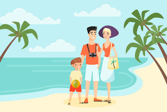 Family vacation by sea or ocean flat cartoon color concept vector illustration