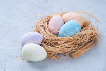 Colored Easter eggs with chicken in the nest. Happy Easter greeting card