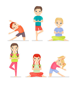 Kid yoga gymnastic exercises cartoon flat vector illustration set. Cute boys and girls