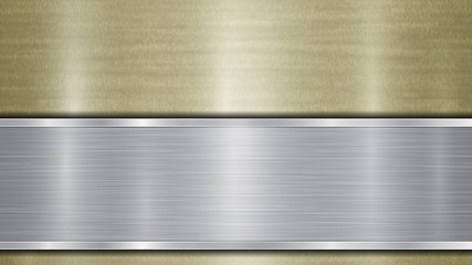 Background consisting of a golden shiny metallic surface and one horizontal polished silver plate located below, with a metal texture, glares and burnished edges