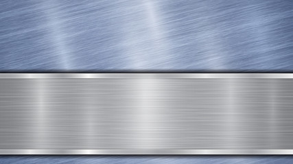 Background consisting of a blue shiny metallic surface and one horizontal polished silver plate located below, with a metal texture, glares and burnished edges